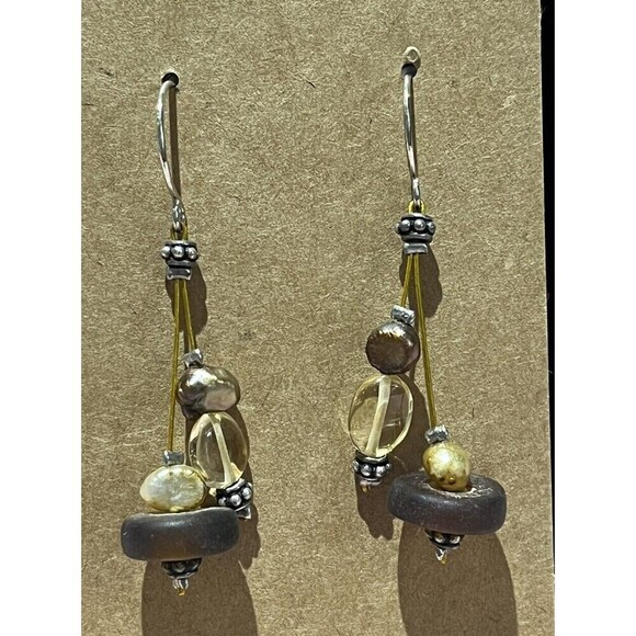 Recycled Sea Glass & Fresh Water Pearl Danglers Yellow & Brown Silver Plated - Picture 1 of 5